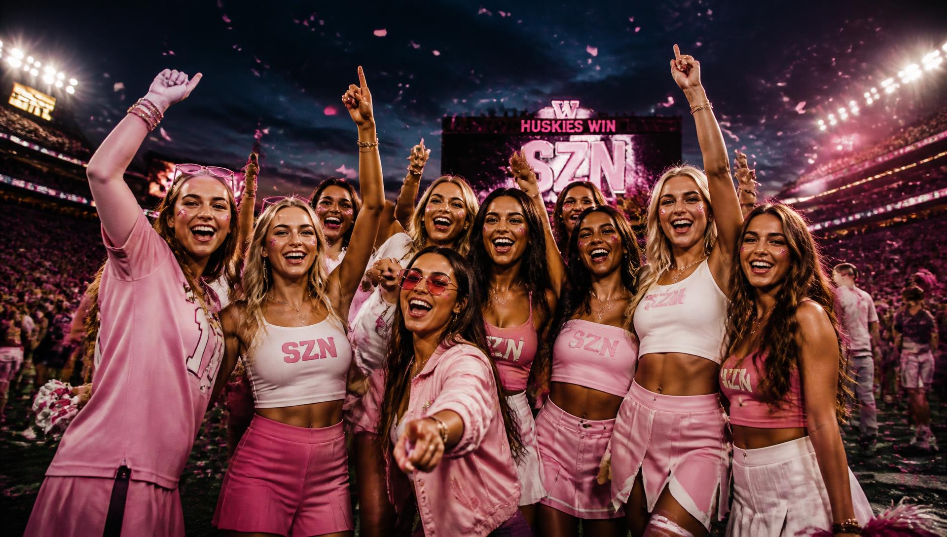 Sorority members celebrating on a stadium field on gameday